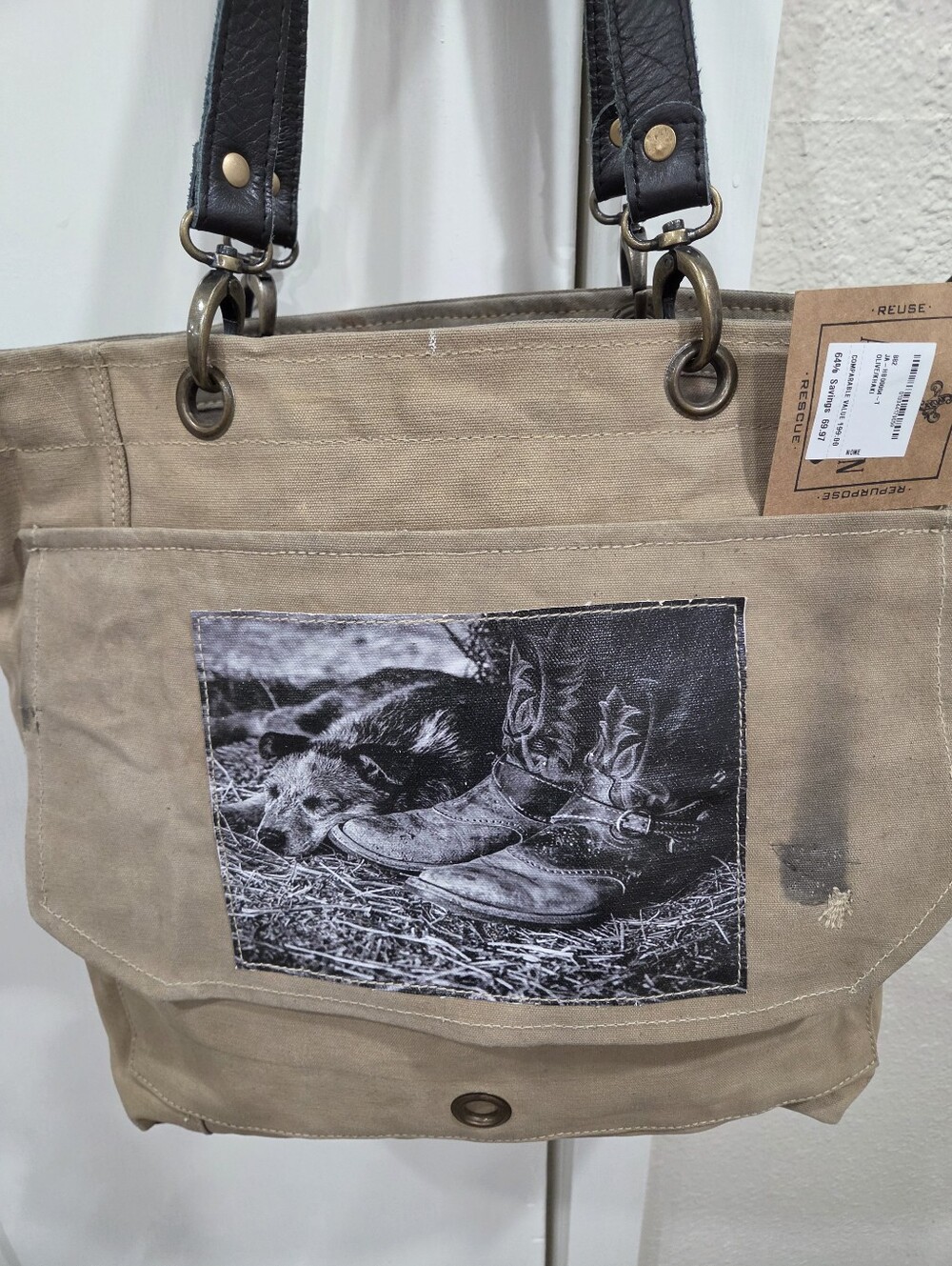 Vintage Addiction Canvas Messenger Bag Made With Army Tents Photo Patch - Tan